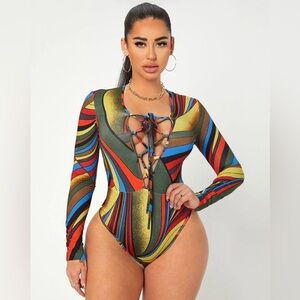 Colorful Long Sleeve Lace-Up Bodysuit